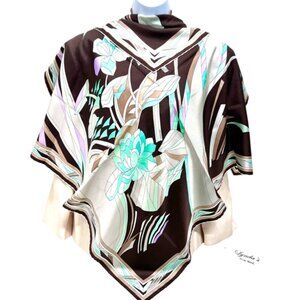 Leonard Paris 100% Silk Scarf 35" brown gray beige pink purple green floral  (80